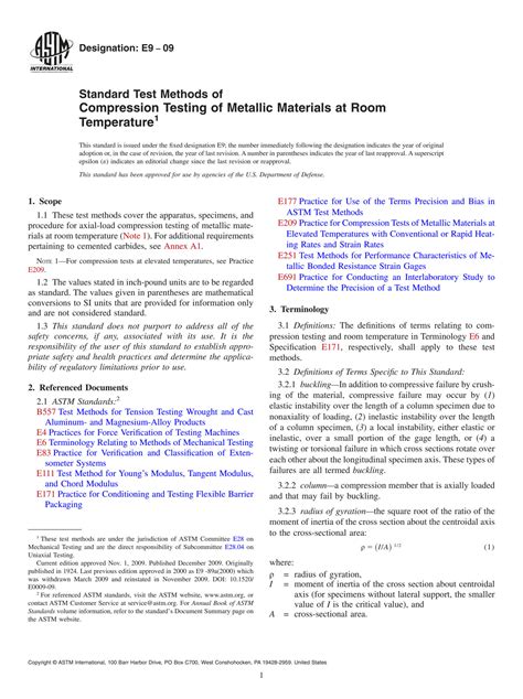 Standard Test Methods of Compression Testing of Metallic